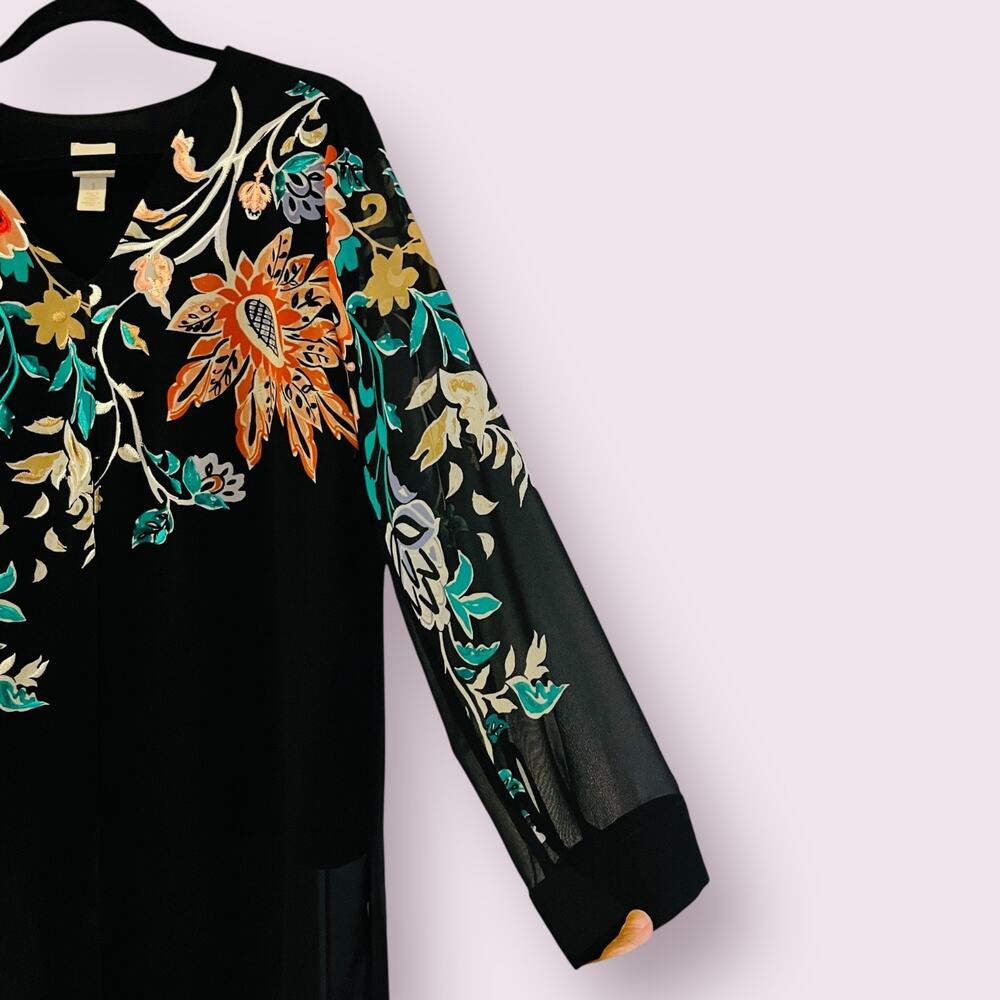Chico's Womens Top 1 Medium Black Twofer Attached Shell Sheer Tunic Embroidered - Picture 6 of 14